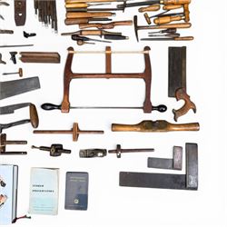 Collection of planes and woodworking tools including wood planes, chisels, hammers etc along with three books (Antique Woodworking Tools, Timber Preservation and Woodworkers Pocket Book)
