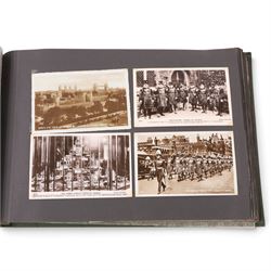 Two early to mid 20th century postcard albums, containing black and white and colour postcards, the first labelled Meine Reisen in Indien containing postcards of Arabia, India, Egypt, some personal photographs and newspaper clippings, of postcards, the second labelled Meine Reisen in England, containing mostly postcards of London, some greetings cards etc
