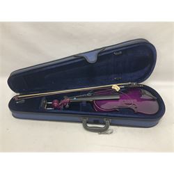 Intermusic 3/4 violin with a violet coloured solid wood body, ebonised fingerboard and fittings, bow and hard case, length 54cm