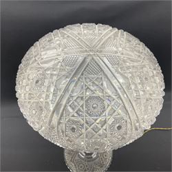 Cut glass table lamp base, of tapering form upon circular base, with conforming cut glass domed lamp shade, H45cm