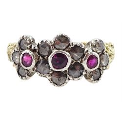 19th century 14ct gold and silver ruby and rose cut diamond flower head cluster ring, with...