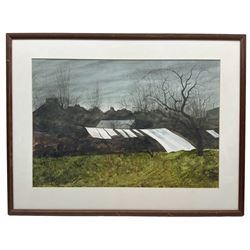 Michael Felmingham (British 1935-): Washing Drying with Rooftop Silhouette, watercolour signed 35cm x 51cm