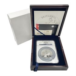 The Royal Mint United Kingdom 2013 'Britannia First Strike' five ounce fine silver proof coin, encapsulated and graded by NGC 'First Releases PF 69 Ultra Cameo', cased with certificates