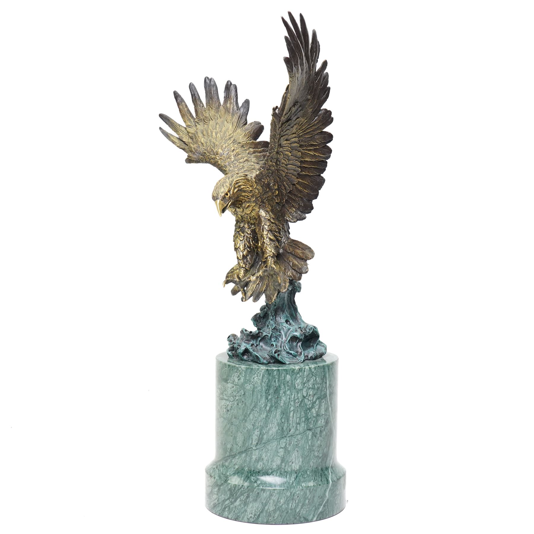 After Jules Moigniez - bronze figure of an eagle poised to attack, upon green marble base, overall H50cm
