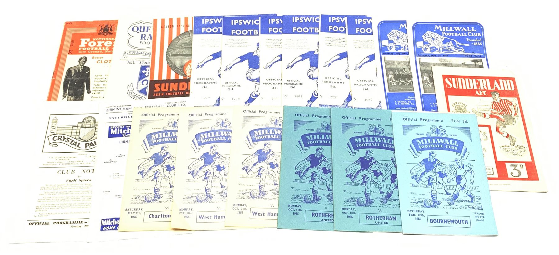  1950s Football programmes - Millwall (9) including single sheets, Sunderland (2), Ipswich (6), QPR, Nottingham Forest, Birmingham and Crystal Palace both single sheet (21)  