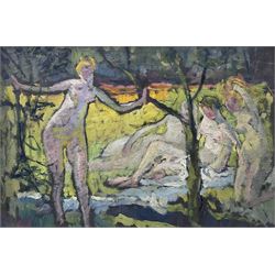 Elsie Marion Henderson (British 1880-1967): 'Bathers by a Stream', oil on canvas laid on to panel unsigned, titled and inscribed verso 27cm x 40cm