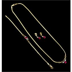 9ct gold pink stone and diamond necklace, bracelet and matching earrings, all hallmarked