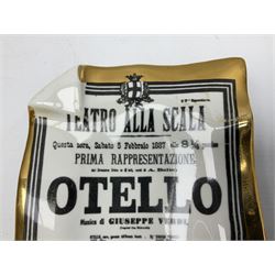 Fornasetti rectangular 'Othello' operatic poster ashtray decorated with black and white text with a gilt border edge,  with printed mark beneath, H22cm 