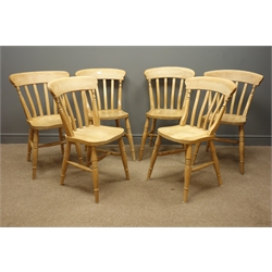  Set six farmhouse style beech dining chairs and a matching farmhouse style beech armchair  
