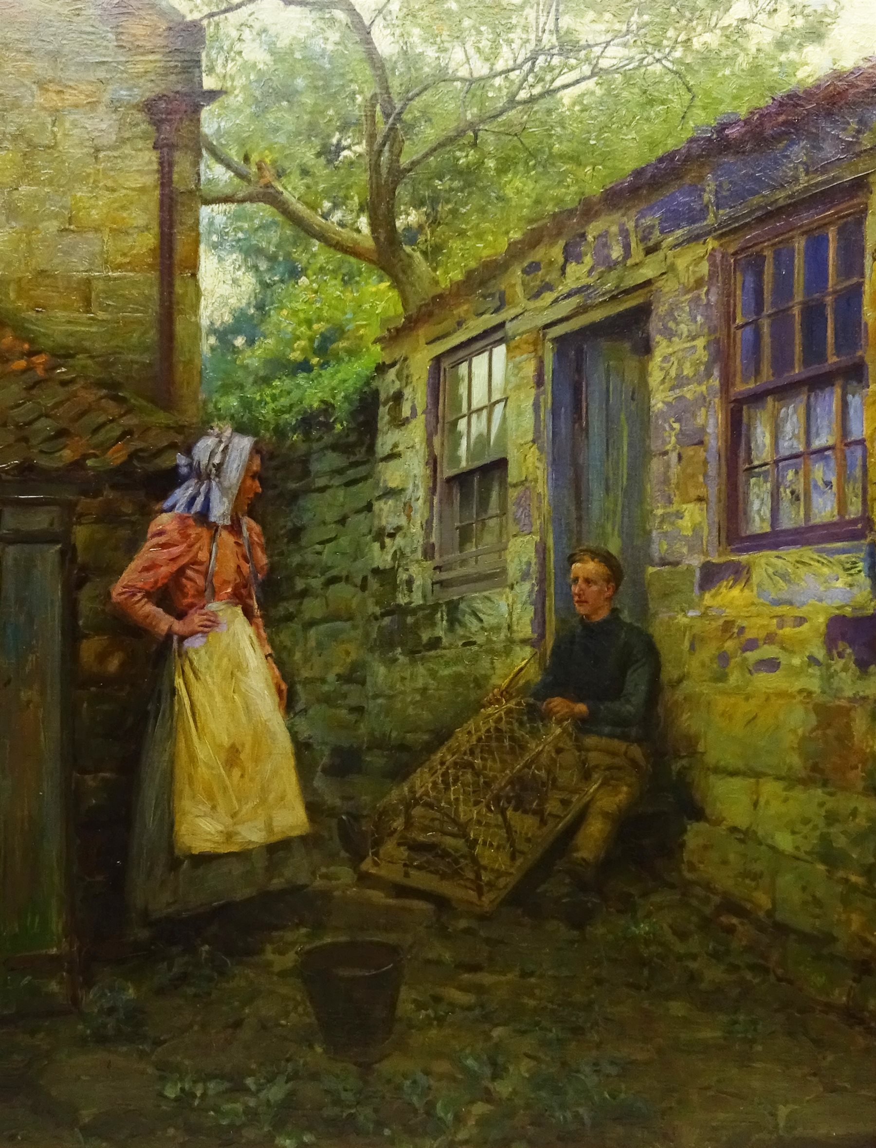 Ernest Higgins Rigg (Staithes Group 1868-1947): Mending the Lobster Pot outside Spout Cottage Runswick Bay, oil on canvas signed 90cm x 70cm