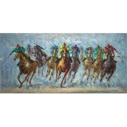 R Young (Late 20th century): Th Final Furlong, oil impasto on canvas signed 61cm x 121cm (unframed)