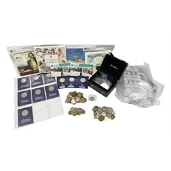 Great British and World coins, including two The Royal Mint Experience 2018 Sir Isaac Newton fifty pence coins on cards, commemorative crowns, Queen Elizabeth II 1999 five pounds, pre-decimal coinage, various Isle of Man fifty pence pieces etc