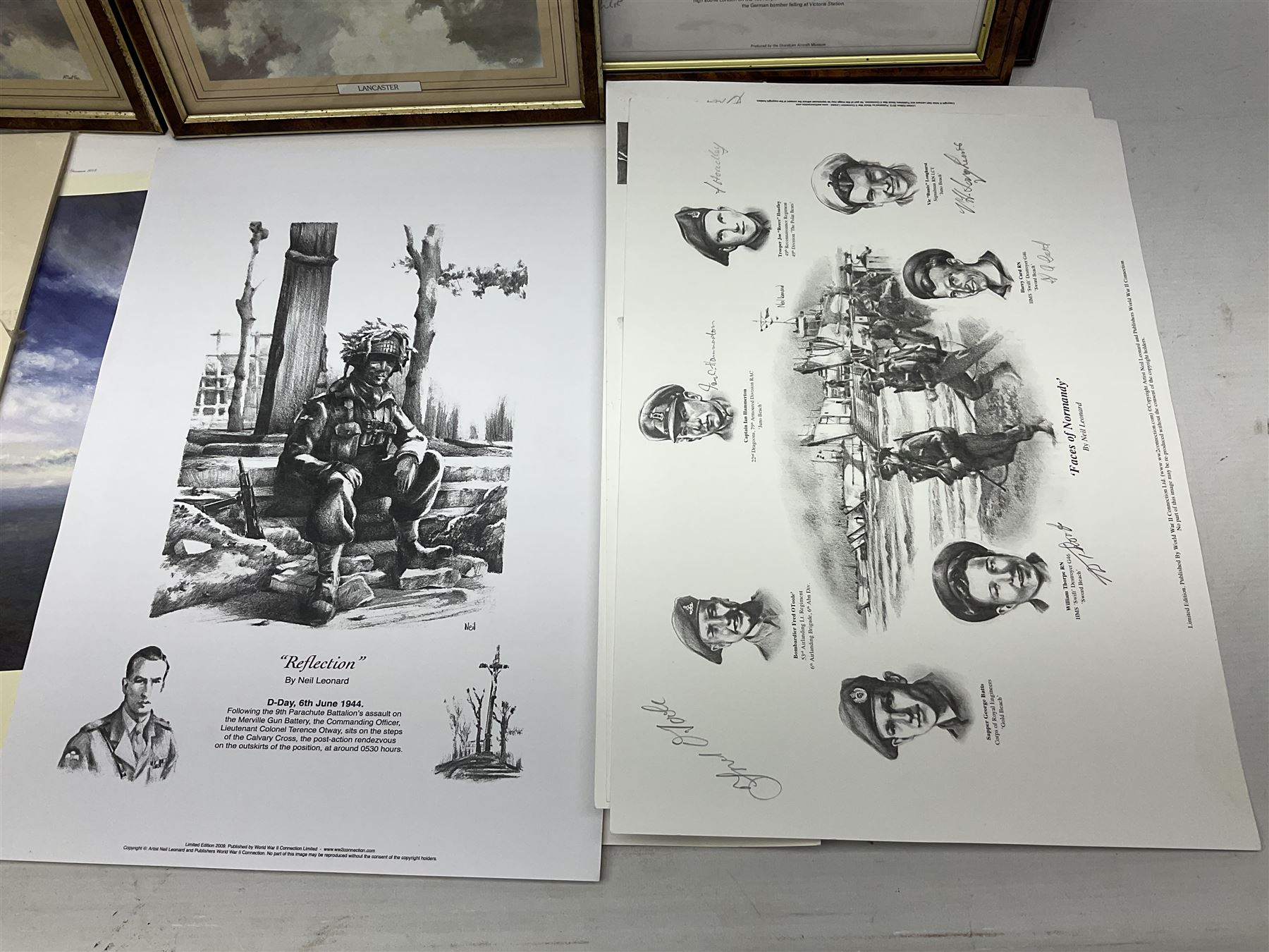 Collection of twenty-one unframed and seven framed prints of predominantly aviation interest after David Pritchard, Brian Petch, Stephen Teasdale, Barry Price, Coulson, Wardle etc; depicting Spitfires, Hurricanes etc; some limited editions with certificates and many bearing multiple signatures on the mount