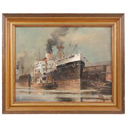 Colin Verity (British 1924-2011): 'Merchantmen at the Quayside', oil on board signed 24cm x 31cm