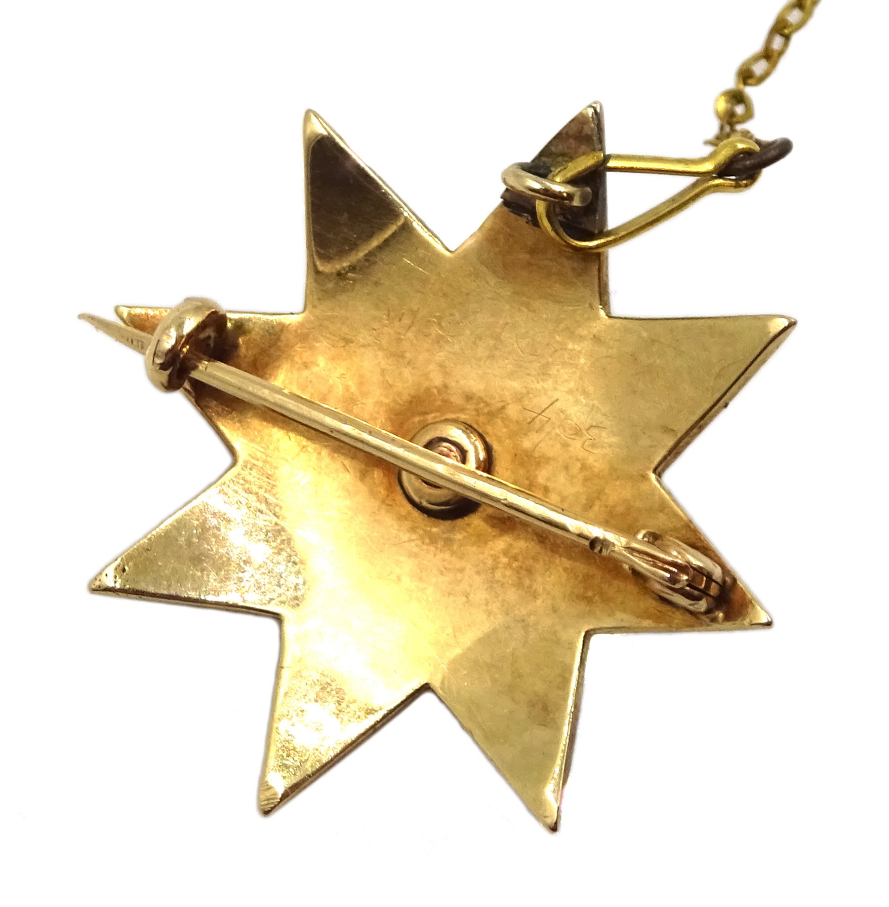 Victorian 15ct gold blue enamel, diamond and split pearl star brooch