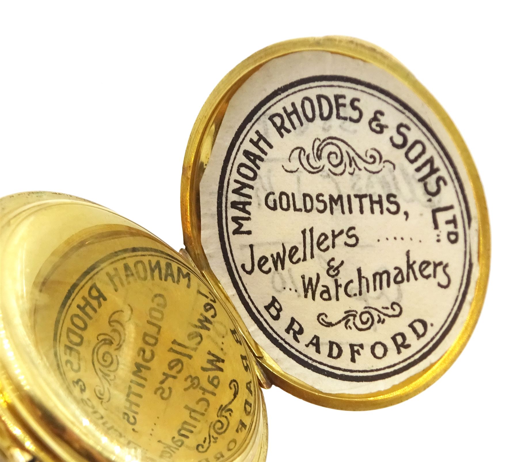 Edwardian 18ct gold half hunter keyless lever fob watch by Manoah Rhodes & Sons Ltd, No. 30256, white enamel dial with Roman numerals, back case engraved with monogrammed initials, case makers mark G B, London 1903, in fitted velvet and silk lined case