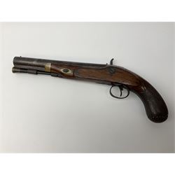 19th century flintlock converted to percussion cap target pistol, the 20.5cm barrel engraved with a sunburst motif to the top and ramrod under, foliate engraved lock-plate and trigger guard, silver plated fittings, walnut stock with chequered grip and melon fluted butt L35.5cm overall