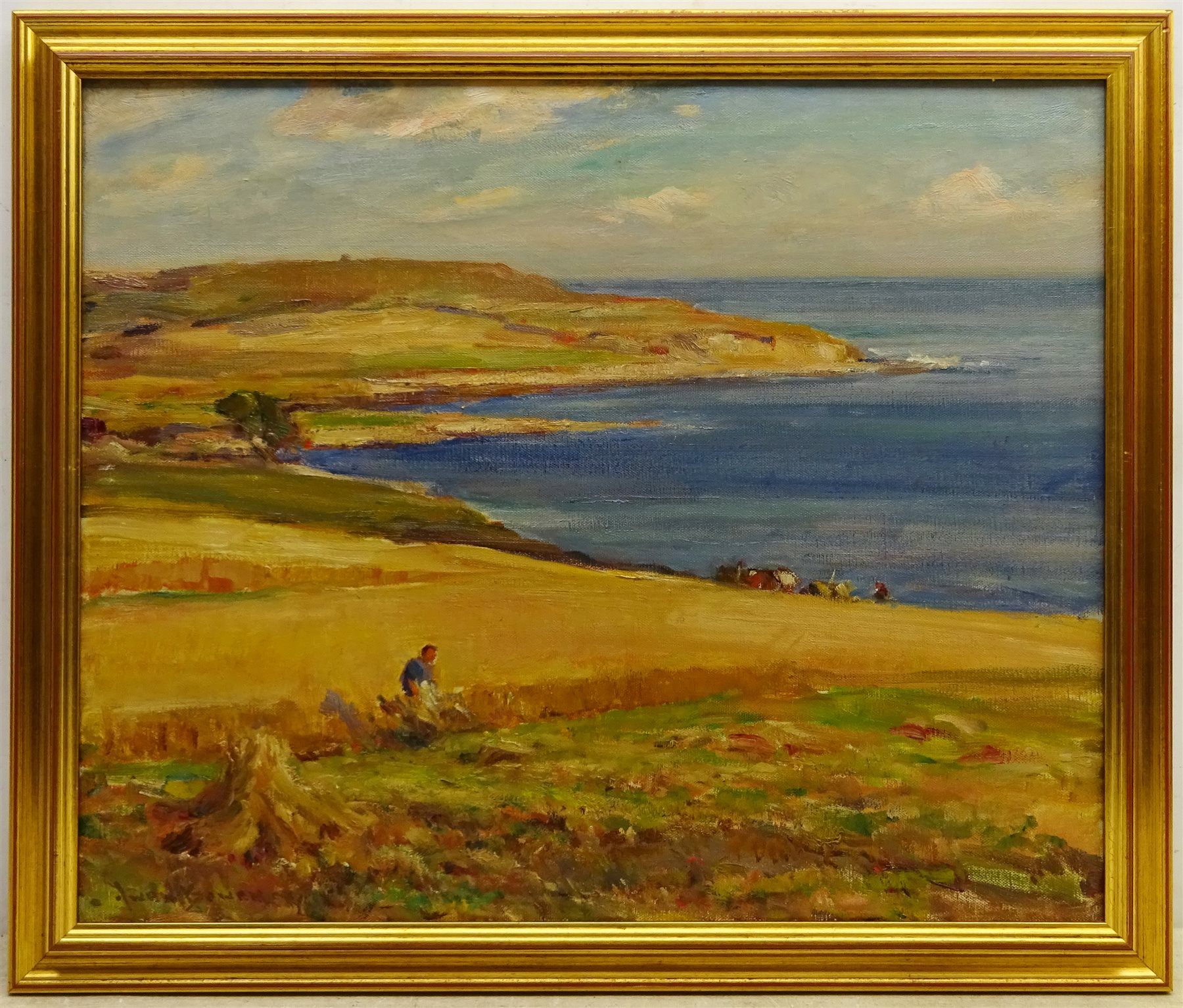 Owen Bowen (Staithes Group 1873-1967): Harvest Time on the Solway Firth Coast, oil on canvas signed 50cm x 60cm

