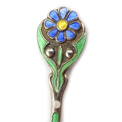  Set of six silver and enamel coffee spoons, with flower terminals by Mappin & Webb, Birmingham 1932, cased  