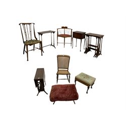 Edwardian corner chair, sewing box, nest of tables, two chairs, luggage stand, stool, drop leaf table and occasional table