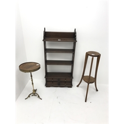 Early 20th century mahogany open book case, three shelves above four drawers (W54cm, H111cm, D19cm) an oak jardinière stand and a side table (3)