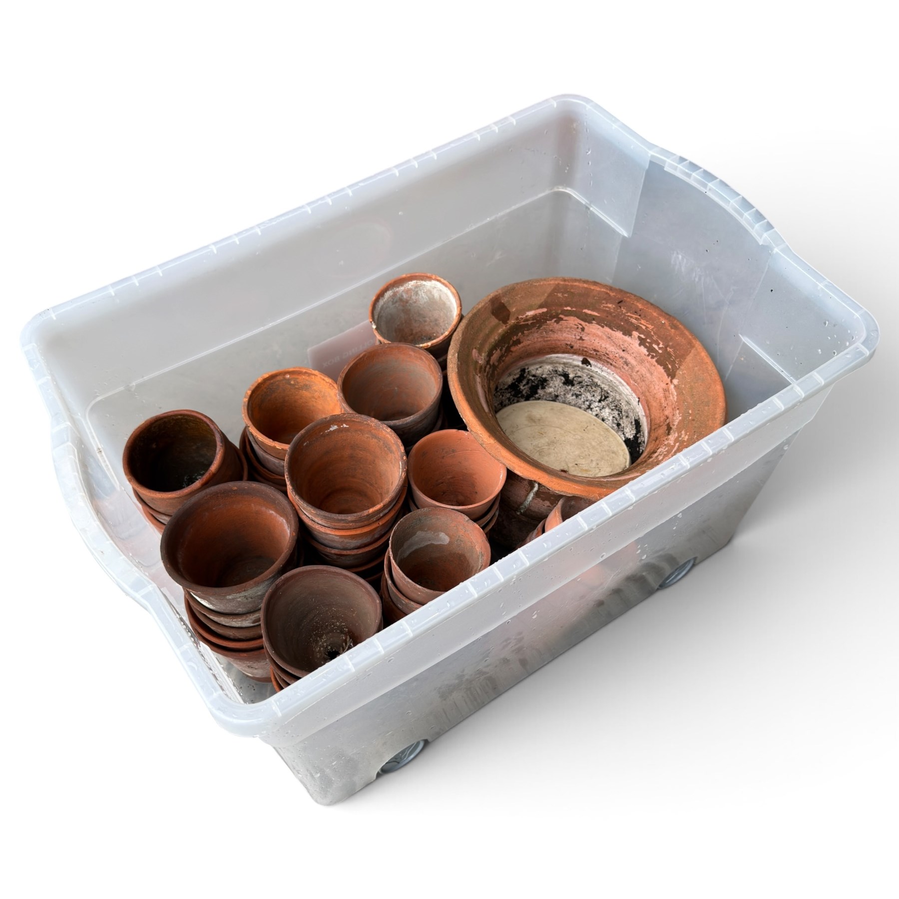 Large collection of vintage terracotta flowerpots of varying traditional forms and graduated sizes, including examples stamped Sankey’s Ltd, Bulwell, Notts and Hidcote, in five boxes