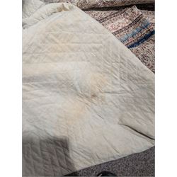 Handmade large patchwork quilt bedspread made up of individual squares of multi-coloured cottons and backed in a cream cotton, 243cm x 284cm 
