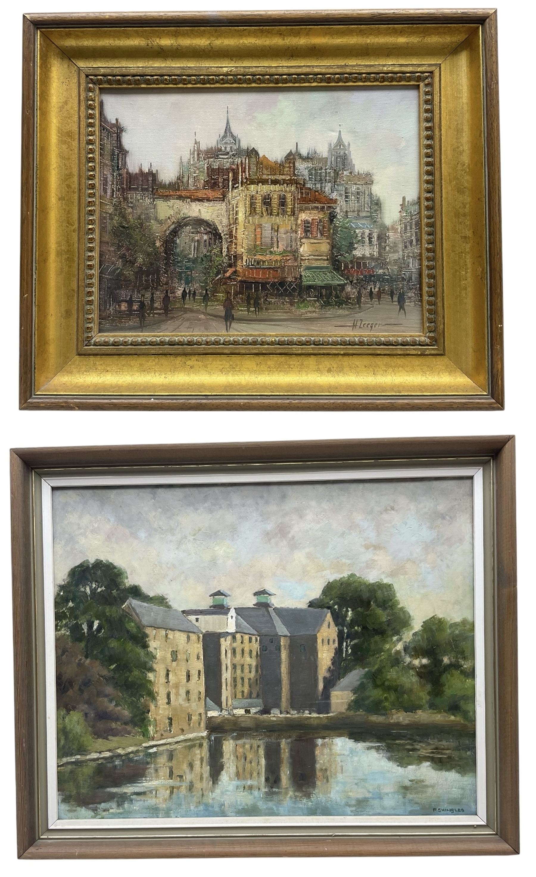 Harry Zeegers (Dutch 1929-): Continental Town Scene, oil on canvas signed in gilt frame 26cm x 34cm; Pauline Shingles (Yorkshire 20th Century): 'Maltings - Nafferton', oil on board signed 39cm x 49cm (2)