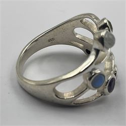 Silver ring, set with seven gemstones, including opal, moonstone, peridot and amethyst, stamped 925