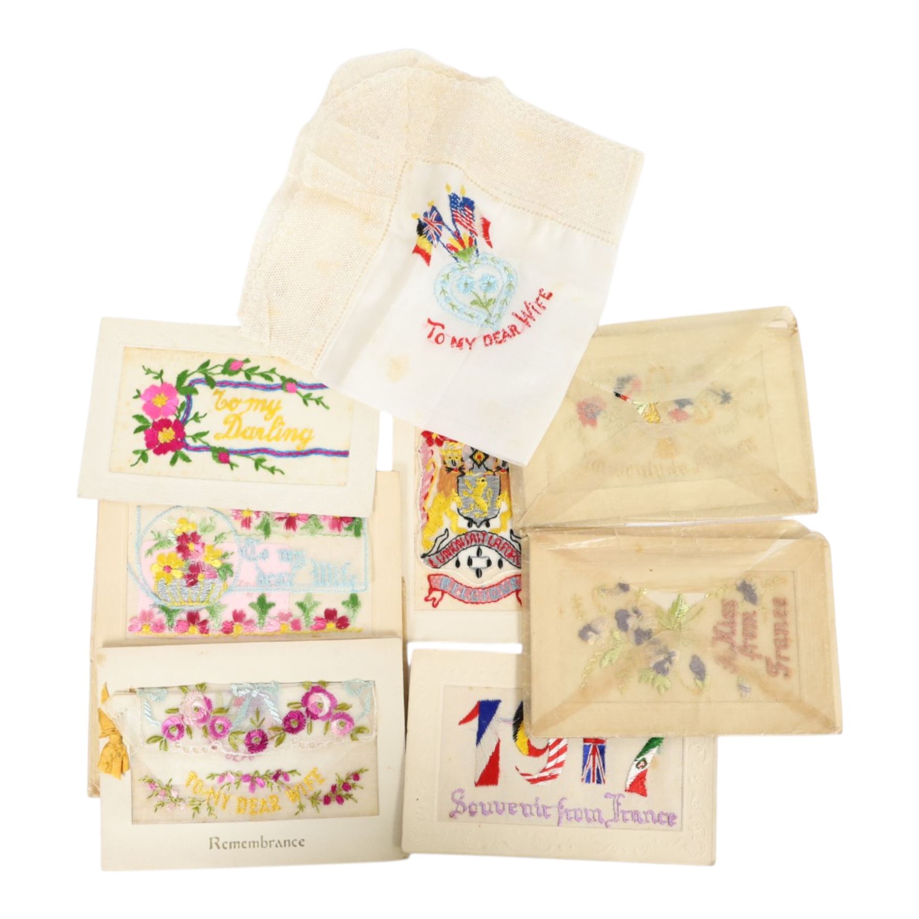 Eight WWI silk work sweetheart cards, and a silk to my wife handkerchief 