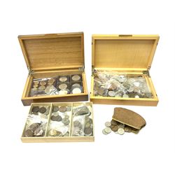 Great British and World coins including commemorative crowns, Great British pre-decimal coinage, Isle of Man 1831 half penny token, various Queen Elizabeth II old round one pound coins, various French pre-Euro coins etc, in two modern wood boxes