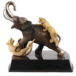 After Genryusai Seiya, modern bronzed model of an elephant being hunted by tigers, upon a ...