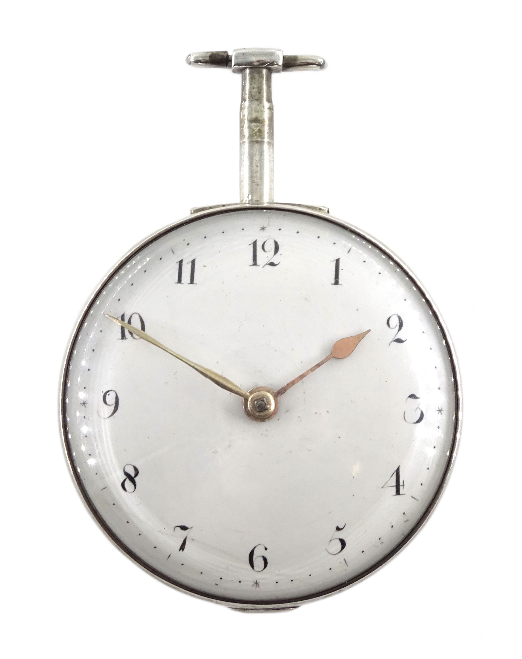 George III silver pair cased verge fusee pocket watch by Hollison, Liverpool, No. 2801, round pillars, pierced and engraved balance cock decorated with a classical urn, white enamel dial with Arabic numerals, bull's eye glass, case makers mark W H, Birmingham 1804