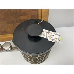 Danish collectables, to include teak tray by Nissen Denmark, ladybird pattern biscuit barrel by Laurids Lonborg and a Stelton stainless steel and wooden cruet set, together with a mid century floral tile trivet