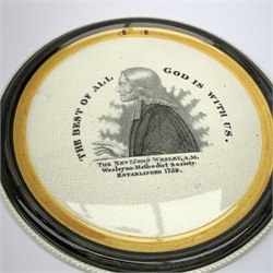 Two early 19th century pottery plaques, possibly by Dixon & Co. of Sunderland, each of circular form, the first transfer printed with a head and shoulder portrait of the Reverend John Wesley, and  inscribed The Best of All, God is with Us, within black and yellow border, the second transfer printed with a head and should portrait of Adam Clarke, and inscribed He That Believeath Shall Be Saved, within green and yellow border, both examples D18.5cm. 