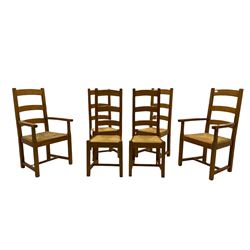 Set of six light oak dining chairs, with rush seats