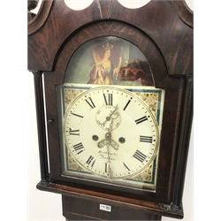  Early 19th century inlaid oak longcase clock, swan neck pediment, arched dial with Roman numerals, eight day movement by Benjamin Bothamley, Boston, H208cm  