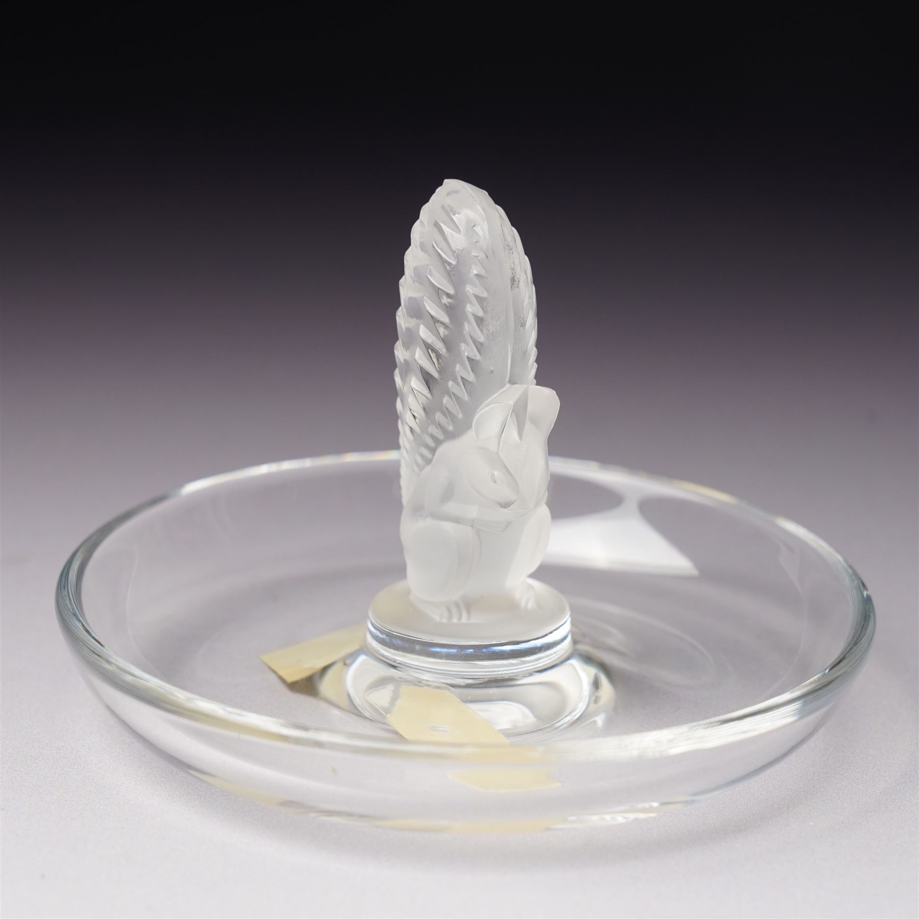 Lalique glass squirrel pin dish, the perched squirrel on a central column, marked Lalique, France, D10cm 