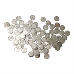 Approximately ninety-nine Great British pre-1947 silver one shilling coins