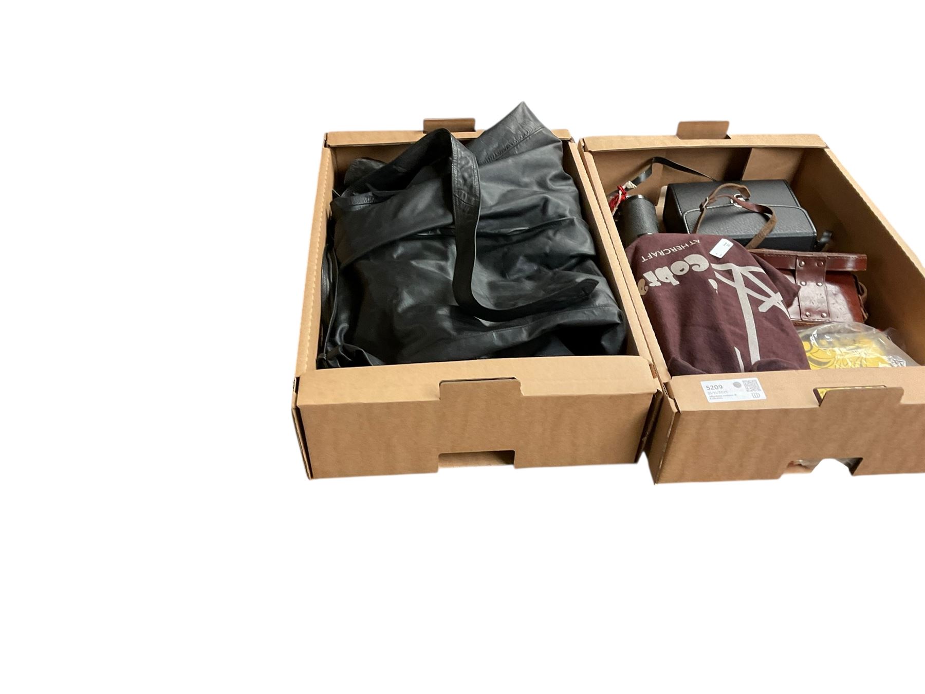 Leather trench coat, together with vintage handbag, camera, binoculars, ballard board  and other collectables 