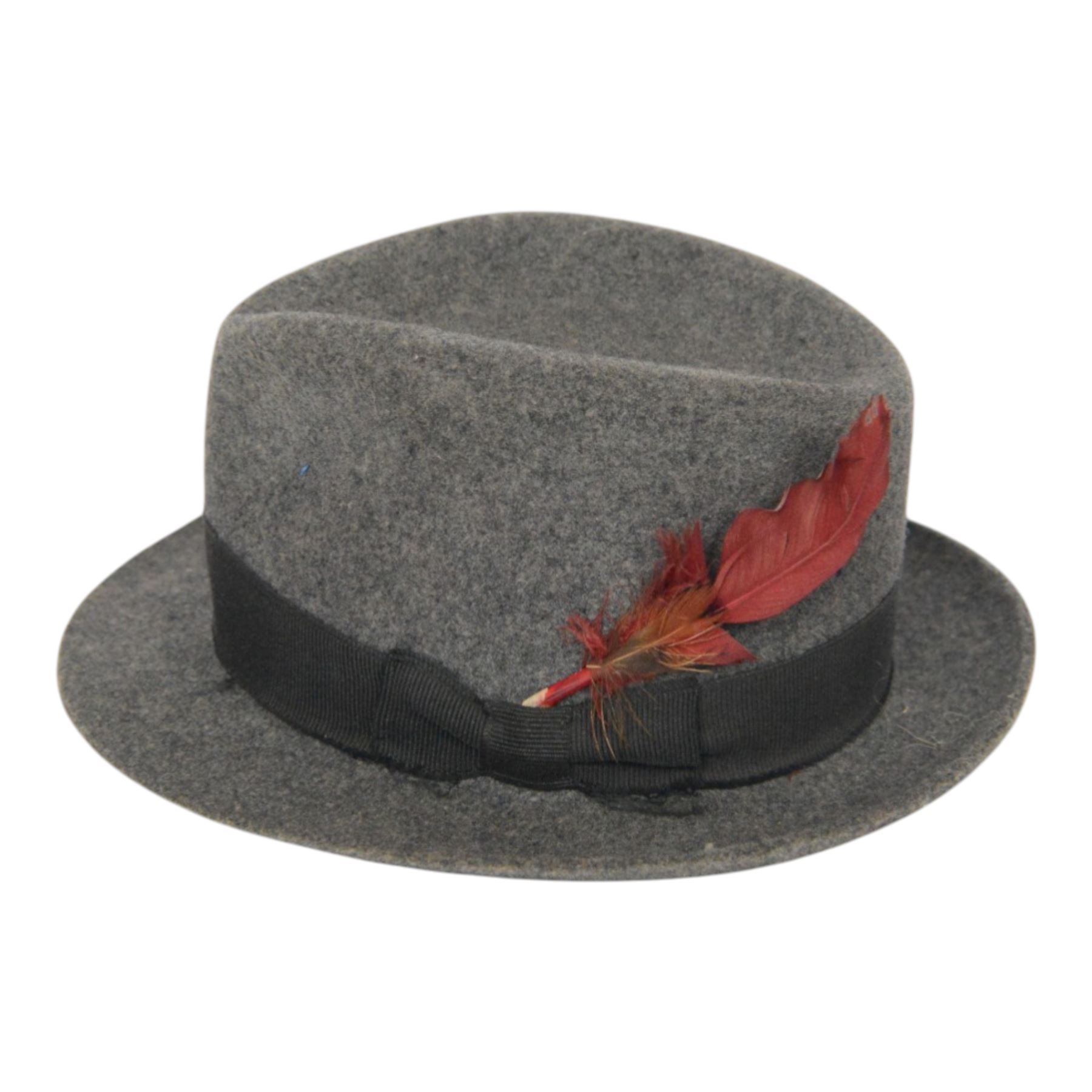 Two Attaboy tradesman or miniature trilbies, in black miniature hat boxes, one with a certificate 'Believe it or not! this miniature 'Attaboy' is half the size of an ordinary 'Attaboy' hat' together with a miniature flat cap, trilby H7cm     