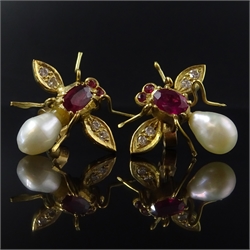  Pair of 9ct gold ruby, pearl and diamond insect ear-rings, stamped 375  