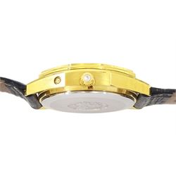 Omega Seamaster gentleman's gold-plated and stainless steel quartz wristwatch, Ref. 196.0126, Cal. 1345, black dial with baton hour markers and day - date aperture, on Omega black leather strap with buckle, boxed with Omega repair receipt dated 2023