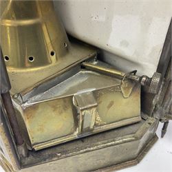 Large brass maritime lamp by Griffiths & Sons Birmingham with swing handle, threaded mounting bracket and associated oil burner, H41cm excluding handle