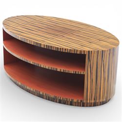 Toby Winteringham - Mid 20th century zebra wood coffee table, oval top with book matched striped veneers over two open tiers painted red, the curved end supports and continuous plinth base veneered to match, recessed plinth base 