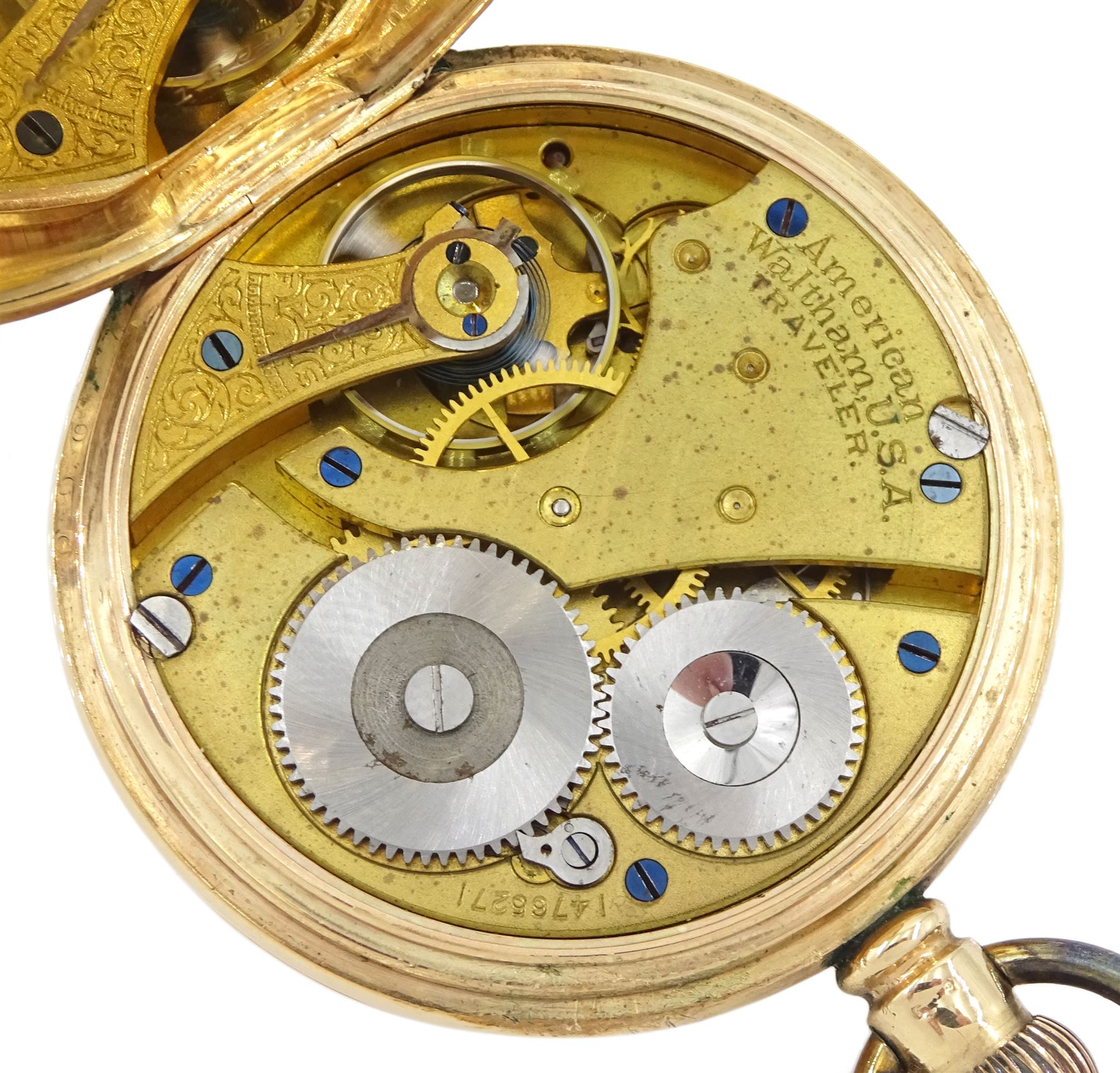Early 20th century 9ct gold full hunter, keyless 'Traveler' lever pocket watch by American Watch Company, Waltham, No. 14765271, white enamel dial with Roman numerals and subsidiary seconds dial, case by Dennison, Birmingham 1907
