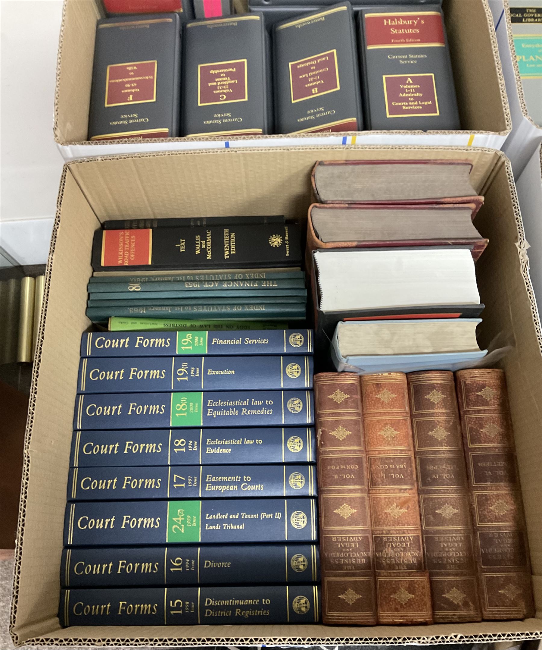 Large collection of law books, to include Halsbury’s Statutes, Atkin’s Court Forms, Current Law Year Books etc, in seventeen boxes