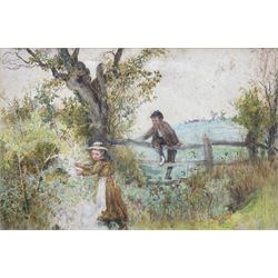Attrib. Myles Birket Foster (Briitsh 1825-1899): Two Children Climbing a Fence, unfinished watercolour and pencil unsigned 17cm x 26cm