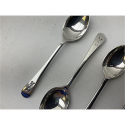 Set of three Yorkshire Miniature Rifle Association hallmarked silver and enamel fob medals, Birmingham 1925, 1926 & 1929; together with six silver plated coffee spoons each engraved with crossed rifles to the terminal (9)