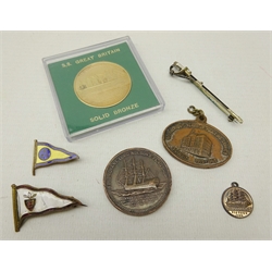  Silver & enamel Naval sword bar brooch, Nelson Foudroyant copper medalion, Nelson Victory copper medal, Scindia 1919-1969 oval medallion, SS Great Britain bronze medal & two enamel YC badges (7)  